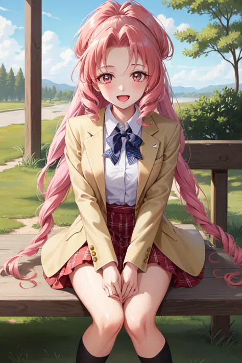 masterpiece, best quality, absurdres, perfect antomy, 1girl, solo, Akagi Towa, long hair, pink hair, parted bangs, outdoors, pla...