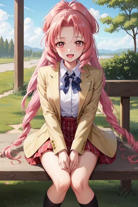 masterpiece, best quality, absurdres, perfect antomy, 1girl, solo, Akagi Towa, long hair, pink hair, parted bangs, outdoors, plaid skirt, blazer, dress shirt, school uniform, smile, :d