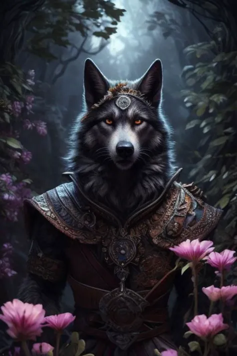 a wolf in a medieval outfit standing in a forest with flowers