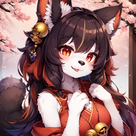 (fluffy anthro furry:1.3), 1girl, solo, furry cat, cat ears, (closed smile, tongue out:0.9), kemono, (kimono, kanzashi, japanese...