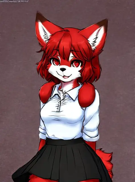 (fluffy anthro furry:1.3), 1girl, solo, red hair,  short hair, (red eyes:1.2), dog ears, shirt,sleeves, blue skirt, <hypernet:fu...