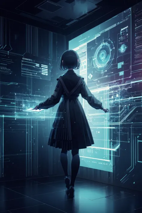 a woman in a dress standing in front of a screen with a futuristic interface