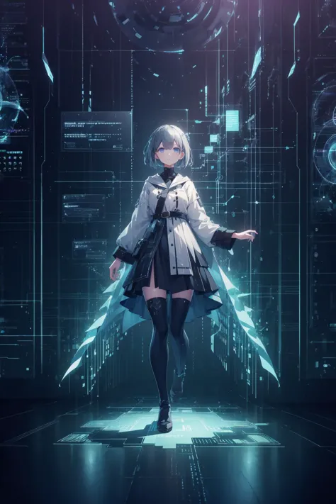 a woman in a white coat and black skirt standing in front of a futuristic room