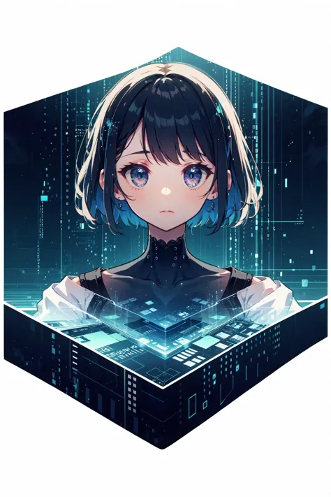 a girl with blue eyes standing in front of a futuristic city