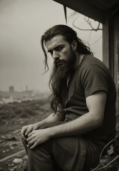 arafed man with long hair and beard sitting on a porch