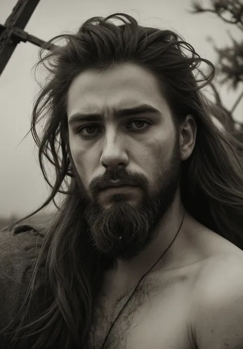 a close up of a man with long hair and a beard