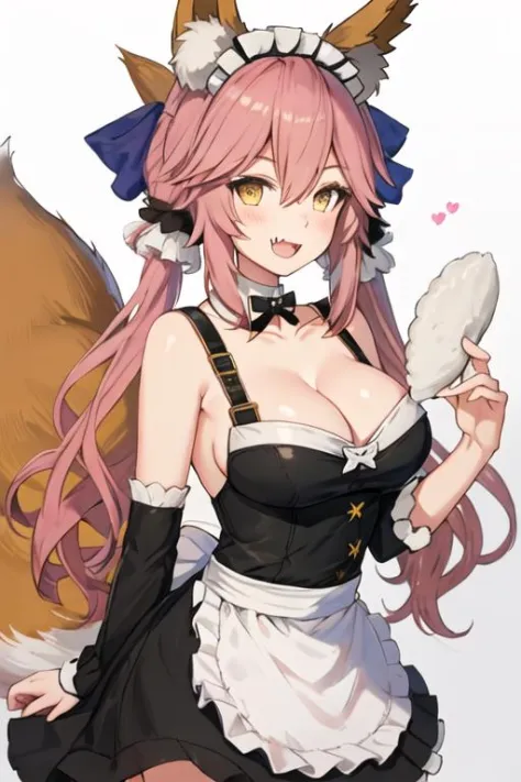 best quality, masterpiece, highres, solo, {tamamo_no_mae_fgo:1.15}, animal_ears, fox_ears, pink_hair, yellow_eyes, long_hair, breasts, large_breasts, animal_ear_fluff, fox_tail, tail, cleavage, blush, fox_girl, smile, bow, collarbone, hair_between_eyes, ba...