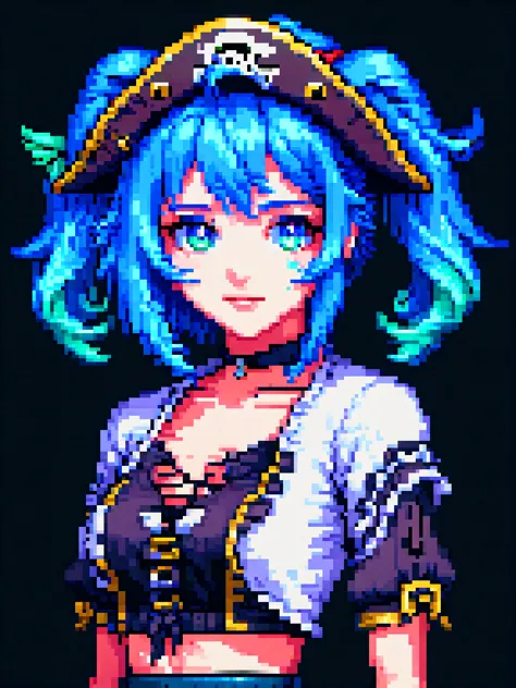 yamer_pixel_fusion, pixel art, best quality, (girl), beautiful detailed eyes, looking at viewer, upper body, blue hair, shy, cat ears, very detailed, high resolution, sharp, sharp image,  bit game style, shirt, houshou marine, solo, heterochromia, pirate hat, twin tails, black background, seductive smile, 