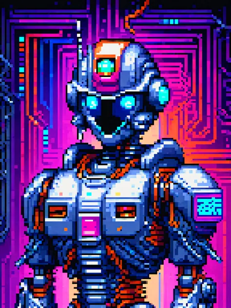 yamer_pixel_fusion, a futuristic robot, pixel art, made of metal and wires, neural network connections, red blue and orange wire...