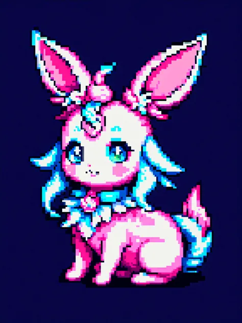 yamer_pixel_fusion, pixel art, (masterpiece:1.2), A cute Sylveon sitting down and looking at the viewer, 2d side view, (flat shading:1.2), (minimalist:1.4), (best quality), (ultra detailed), (8k, 4k, intricate), black background, <lora:Pixel_Fusion_LORA:1>