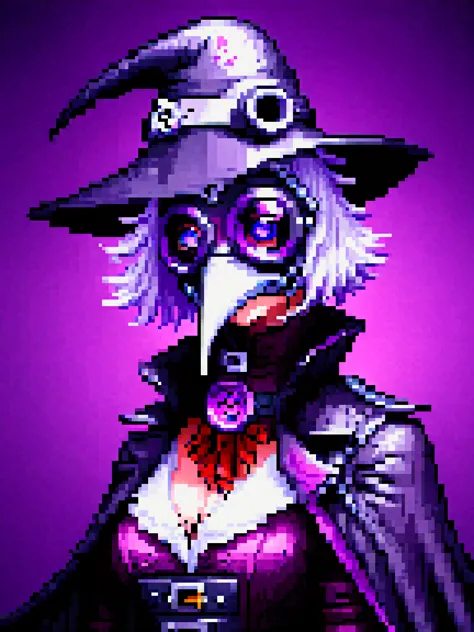 cia, yamer_pixel_fusion, breasts, dark skin, purple eyes, short hair, white hair, dark-skinned female, hair ornament, (plague doctor mask:1.15), masterpiece, best quality, extremely detailed, highly quality, 4k, sharp focus, professional, sharp focus, awar...