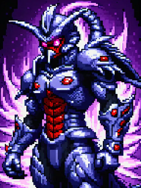 yamer_pixel_fusion, illustration, guyver, tail, black eye sockets, red eye sockets, black armor coat, red and black color, sharp gloves, sharp claws, standing, fighting stance, steam background, looking at viewer, dynamic light, ultra detail, extremely det...