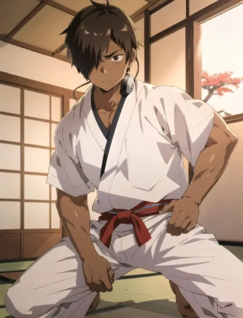 a close up of a person in a karate outfit crouching down