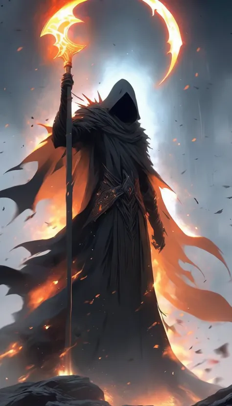 Wraith in a black torn cape, holding a death scythe, formless, floating in the air, battlefield, summon, soul fire, dark fantasy...