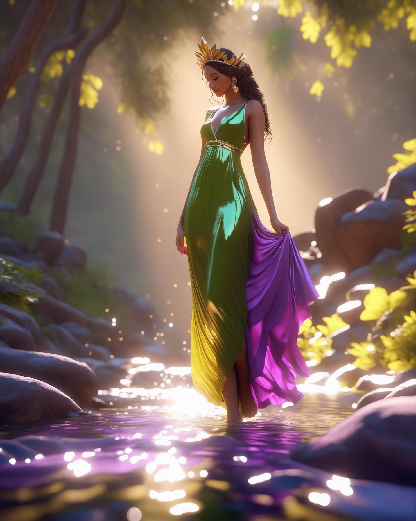 A woman in a green dress is walking through a stream - SeaArt AI