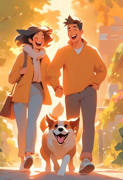 Couple walking dog,  laughing