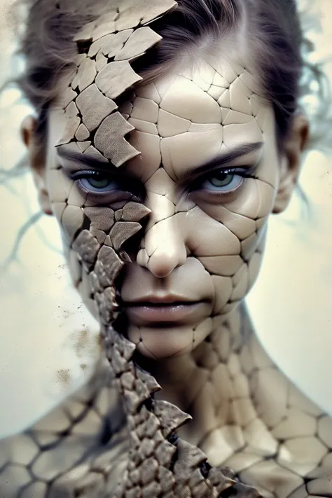 a close up of a woman with a cracked face and a broken arm