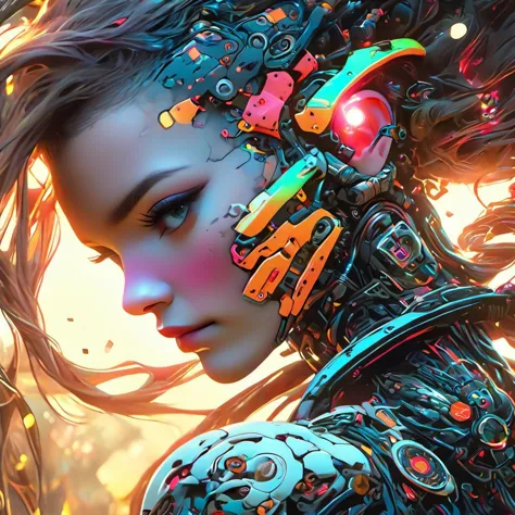 intricate portrait of a multi coloured cyberpunk, cyborg ,killer robot, detailed, realistic, 8k uhd, high quality
