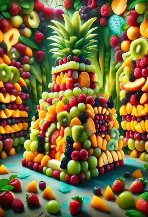 a legendary fruit castle in a fruit kingdom made of made of ral-fruitsalad, intricate details, masterpiece, best quality, colorf...