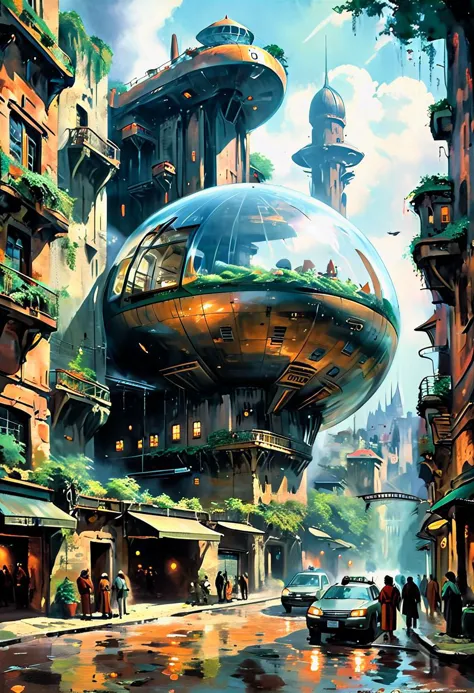 A new type of flying ship for sightseeing in the city of the future, 
Residents live in a sizable number of glass bubble capsule...