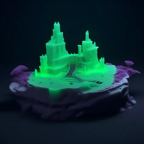 a close up of a green castle on a rock with a purple flower