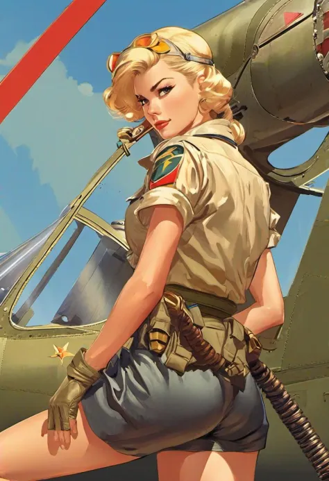 Female Fighter Pilot,  Blonde,  WW2,  waist back view,  akimbo,  art by J.C. Leyendecker . anime style,  key visual,  vibrant,  studio anime,  highly detailed