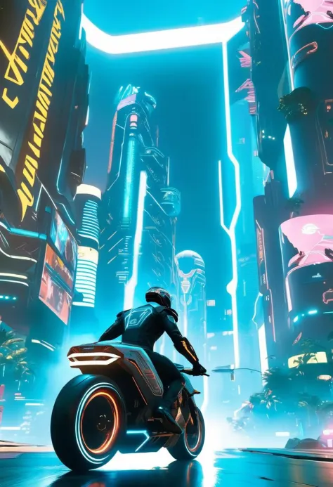 Close up, Man riding Tron light cycle through cyberpunk 2077 cityscapes