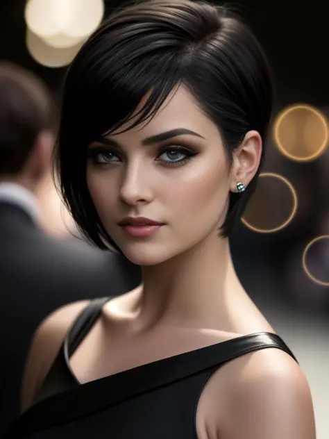 (sharp focus:1.2), photo, attractive young woman, (beautiful face:1.1), detailed eyes, luscious lips, (eye makeup:0.85), (medium breasts:1.0), (tight body:1.2), (short hair:1.2), wearing (little black tdress:1.2) at a (gala:1.2). (moody lighting:1.2), depth of field, bokeh, 4K, HDR. by (James C. Christensen:1.2|Jeremy Lipking:1.1).