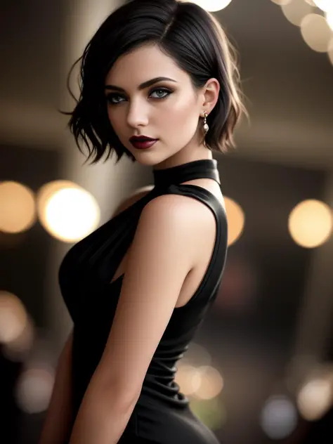 (sharp focus:1.2), photo, attractive young woman, (beautiful face:1.1), detailed eyes, luscious lips, (eye makeup:0.85), (medium breasts:1.0), (tight body:1.2), (short hair:1.2), wearing (little black tdress:1.2) at a (gala:1.2). (moody lighting:1.2), depth of field, bokeh, 4K, HDR. by (James C. Christensen:1.2|Jeremy Lipking:1.1).