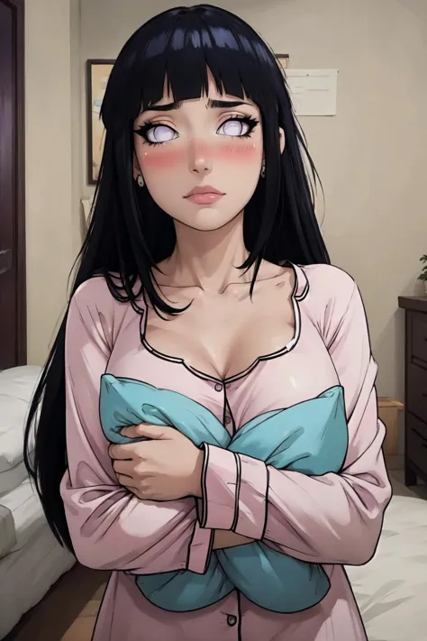 (masterpiece, best quality:1.3), hinata\(shippuden\), looking at viewer, lips, closed mouth, head tilt, standing, pajamas, large breasts, black hair, long hair, hime cut, blush, eyeliner, nose blush, earrings, shiny skin, solo, indoors, bedroom, (detailed,...