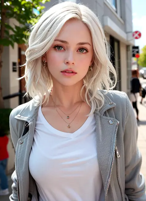 <lora:liv_moore_offset:0.5>, liv moore, 1girl, solo, blonde hair, white hair, jewelry, jacket, necklace, parted lips, blurry, realistic, upper body, blurry background, shirt, looking at viewer, open jacket, meme, open clothes, grey shirt, long hair, lips