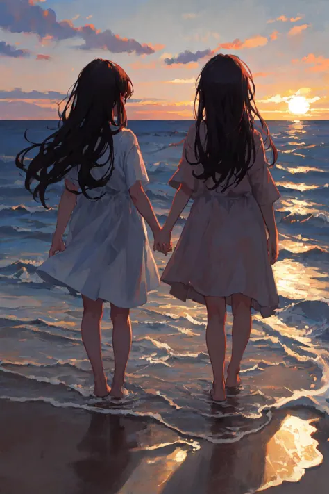 masterpiece, best quality, oil painting, scenery, sunset, horizon, gradient sky, ocean, waves, 2girls, from behind, wading, hold...