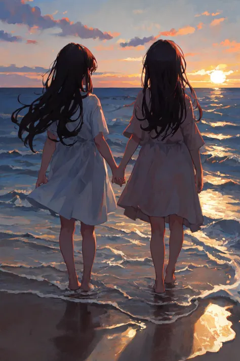 masterpiece, best quality, oil painting, scenery, sunset, horizon, gradient sky, ocean, waves, 2girls, from behind, wading, holding hands