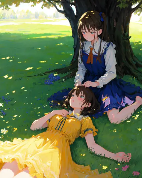 masterpiece, best quality, illustration, colorful, grass, yuri, 2girls, lying under tree, frilled dress, dappled sunlight