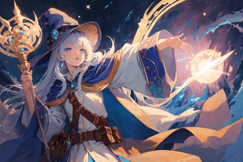 masterpiece, best quality, colorful, fantasy, starry sky, 1girl, arm up, holding staff, casting, detailed floating long silver blue hair, blue eyes, mage, adventurer, robe, cape, harness, pouch, witch hat, magic circle, parted lips