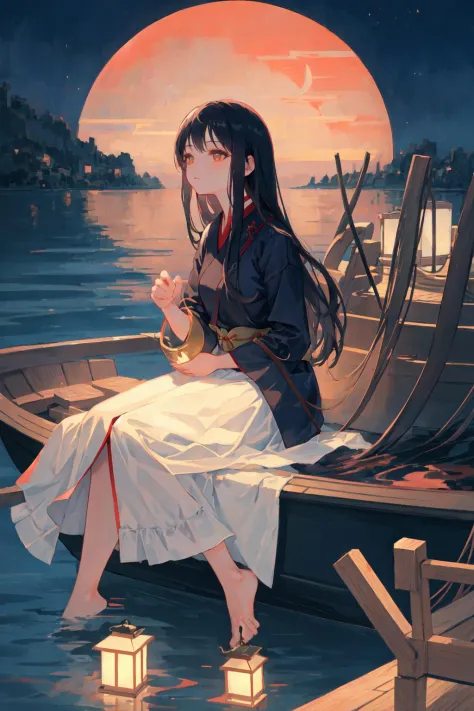 dreamlike, oriental, scenery, navy, overcast, moon, water, shadow, boat, 1girl, sitting, holding lantern, detailed long black ha...