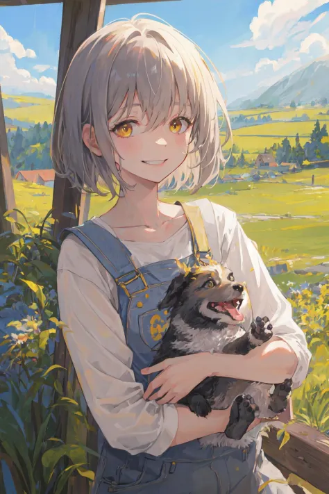 masterpiece, best quality, illustration, colorful, scenery, rural, 1girl, holding dog, flat chest, detailed messy short grey hai...