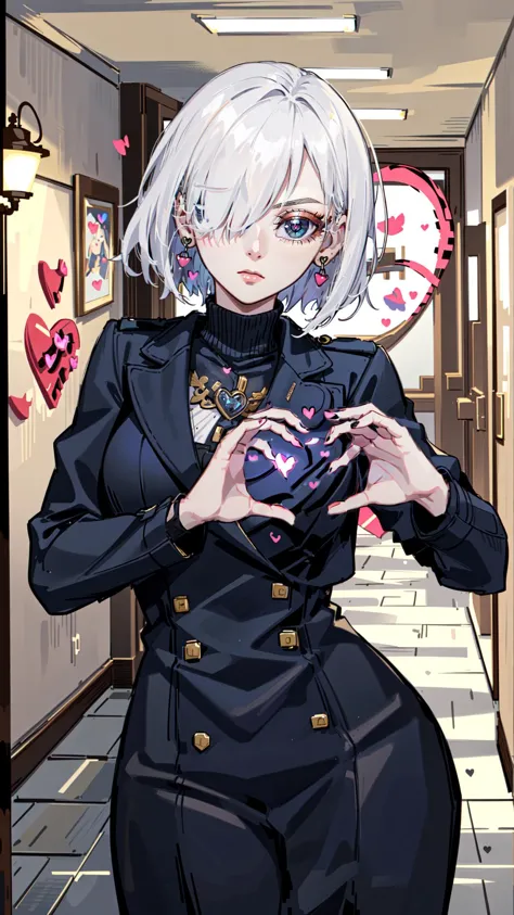 anime girl in a black suit holding a heart in her hands