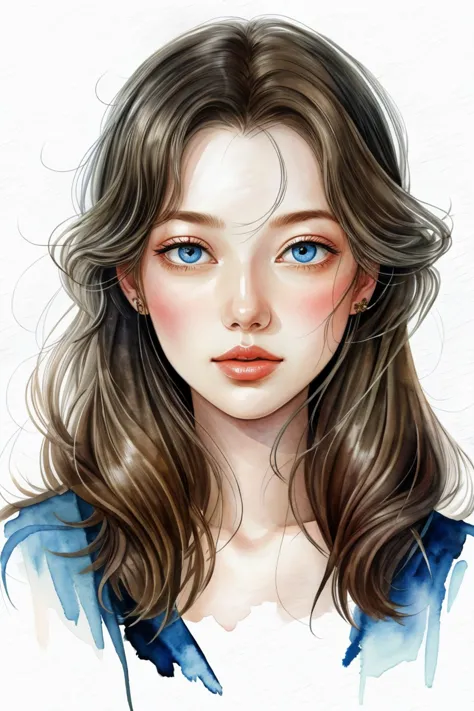 a drawing of a woman with long hair and blue eyes