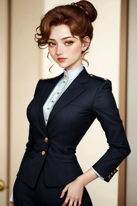 upper body photo of <lora:AnastasiaCebulska_v1:.9> AnastasiaCebulska, focus on smiling face, wearing a pant suit , her hair is styled as Low Bun with Curly Hair,