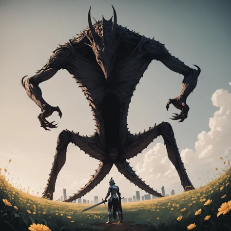 a close up of a person standing in a field with a giant monster