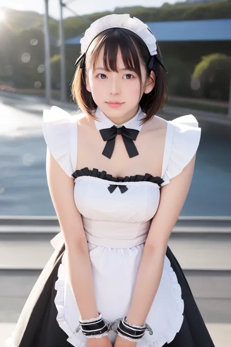 a close up of a woman in a maid outfit posing for a picture