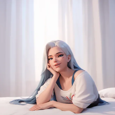 a close up of a person laying on a bed with a white shirt