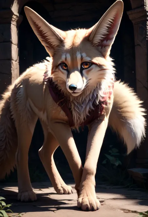 (score_9, score_8_up:1.1), score_7_ up, highly detailed, realistic, photorealistic, zPDXL, (1 girl,) slender, petite , furry girl, Zara is a fennec fox girl with a slender and graceful build. Her fur is short and sandy brown, helping her blend into desert environments. Her most striking feature is her oversized ears, which are covered in soft, warm fur and have a delicate, almost translucent quality to them. Her eyes are a vibrant green, and her tail is long and fluffy, with a black tip.   , she wield medieval fantasy weapon, Staff of Magnus - Legendary staff rumored to contain fragments of Magnus himself, bestowing incredible magical abilities upon its wielder. ,  weapon, holding weapon, dynamic pose, thinking, detialed background
, masterpeice, detailed, intricated details, 8k, ultraclear , wide angle, detailed scene, detailed faces, perfect quality, tranding on artstation, incredible details , Painstaking Attention To Details , <lora:Pony_DetailV1.0:1>  <lora:p:1>