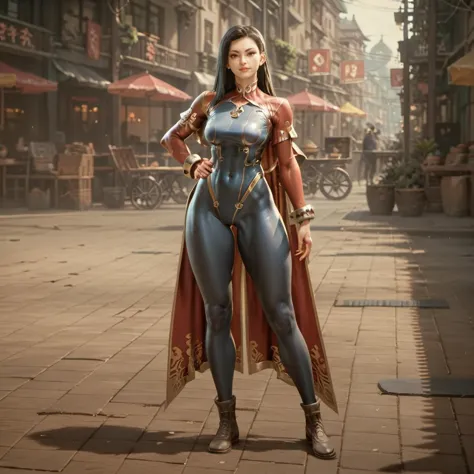 a woman in a blue and red outfit standing on a street