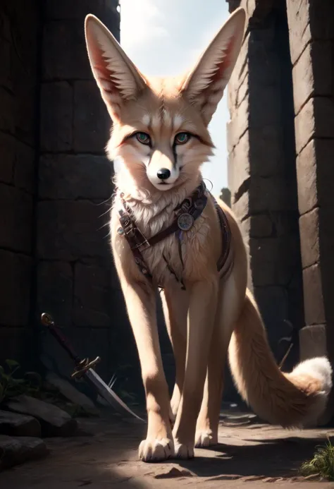 a close up of a fox with a collar and a leash