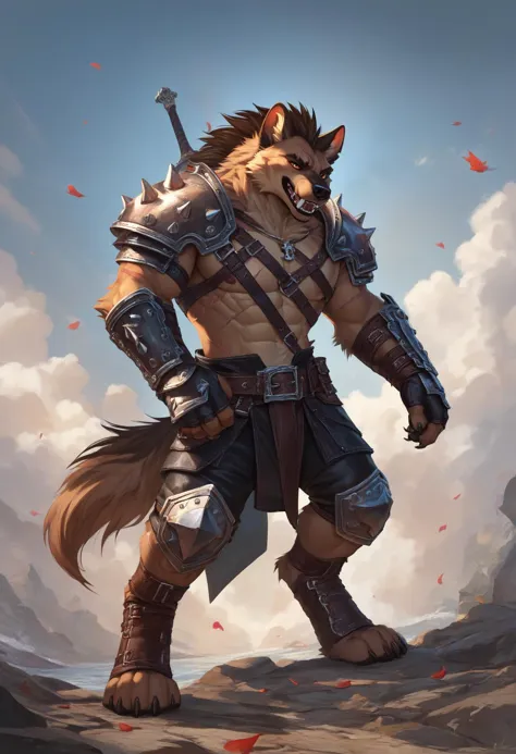 (score_9, score_8_up:1.1), score_7_ up,  zPDXL, Gnoll Fighter, Male: hyena-like, fur, fangs, scars, studded leather armor, bone jewelry. , masterpeice, detailed, intricated details, 8k, ultraclear  <lora:detailed_notrigger:1>, wide angle , detailed scene, detailed faces, perfect quality, tranding on artstation, incredible details,