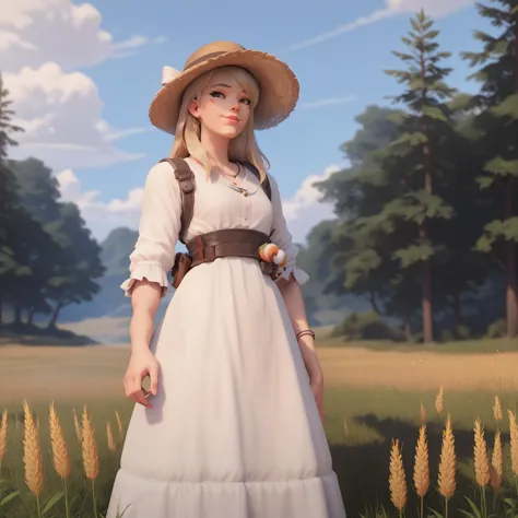 a woman in a white dress and hat standing in a field