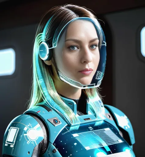 a woman in a futuristic suit with a helmet on