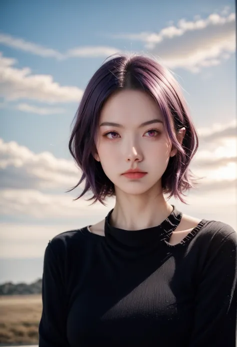 a woman with purple hair and a black top posing for a picture